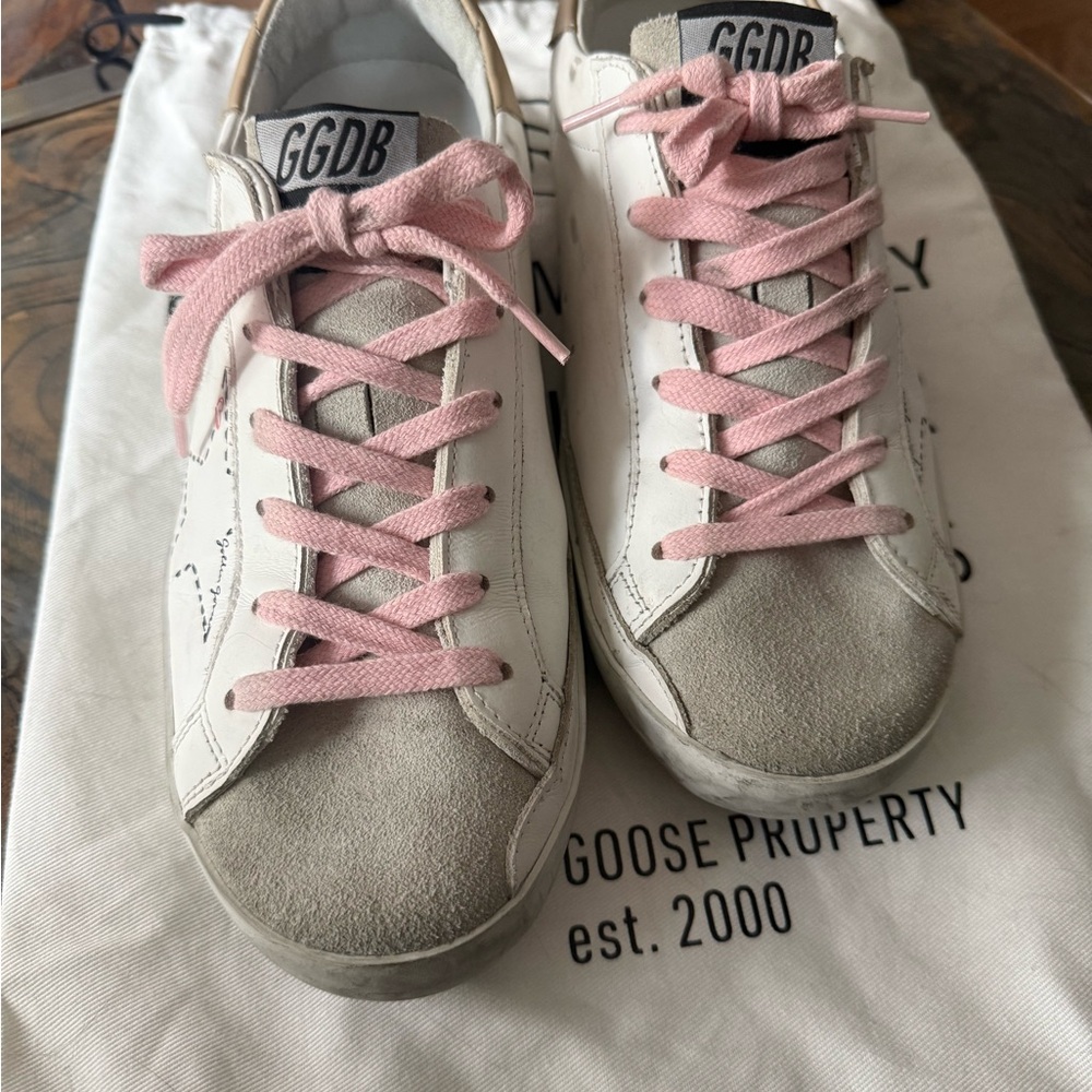 Golden Goose Superstar Rare Scribble Sneakers Arctic White with Pink Laces 38/8 - Picture 4 of 9
